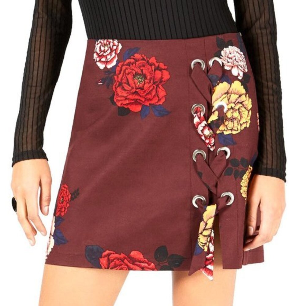 Project 28 NYC Printed Lace-up Mini Skirt in Burgundy Floral. S, L, XL